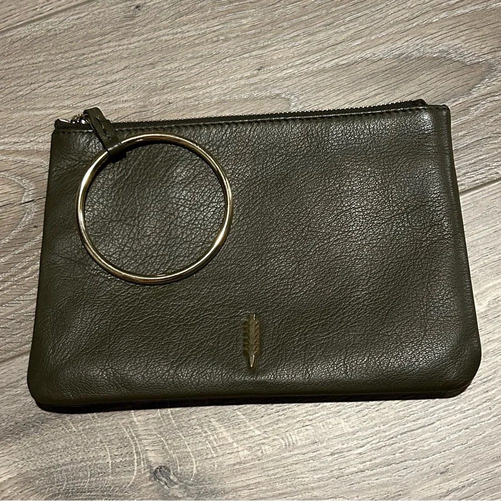 Thacker New York Olive Green Leather Clutch / Wristlet with Ring handle.